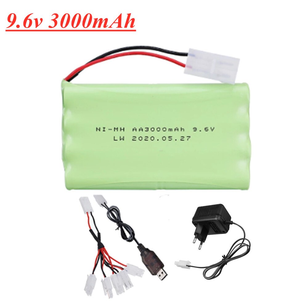 Ni-Mh 9.6V 3000Mah Batterij + Usb Oplader Voor Rc Speelgoed Auto Tank Trein Robot Boot Gun Aa 9.6V Oplaadbare Batterij