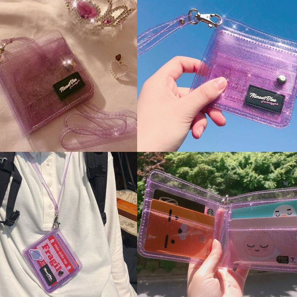 Genomskinlig id-korthållare pvc vikbar kort plånbok högklassig kvinnor flicka glitter visitkort fodral handväska med snodd