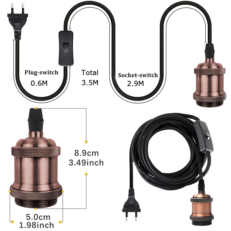 Support de lampe suspendue en métal E27, 3.5M, avec câble et prise, avec prise ue, câble de lampe Vintage: Or
