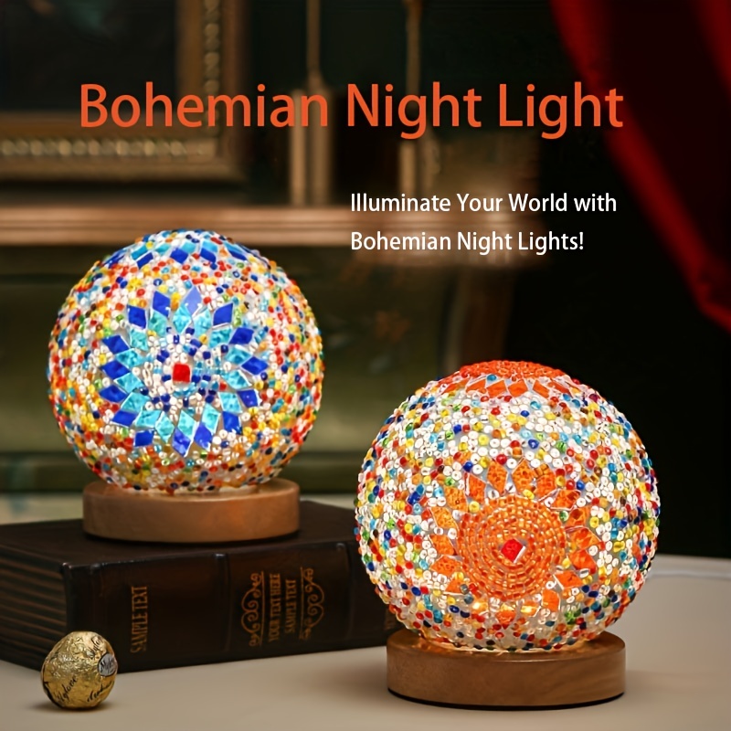 Mozaïek glazen bol tafellamp, bollamp met houten voet, turkse marokkaanse ronde kleine lamp voor slaapkamer, woonkamer en huisdecoratie.