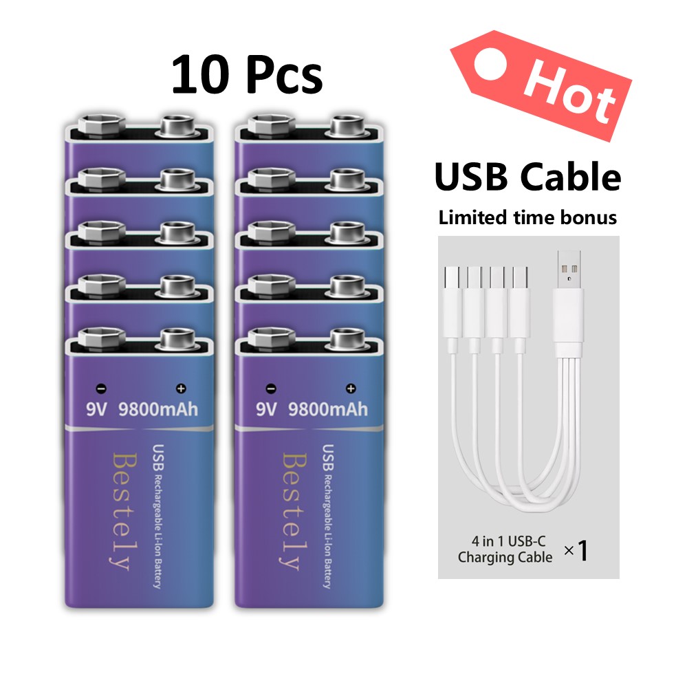 Baterías recargables estándar de 9 voltios, batería de litio tipo C de 9 V de gran capacidad de 9800 mAh, batería de autodescarga baja precargada: Naranja
