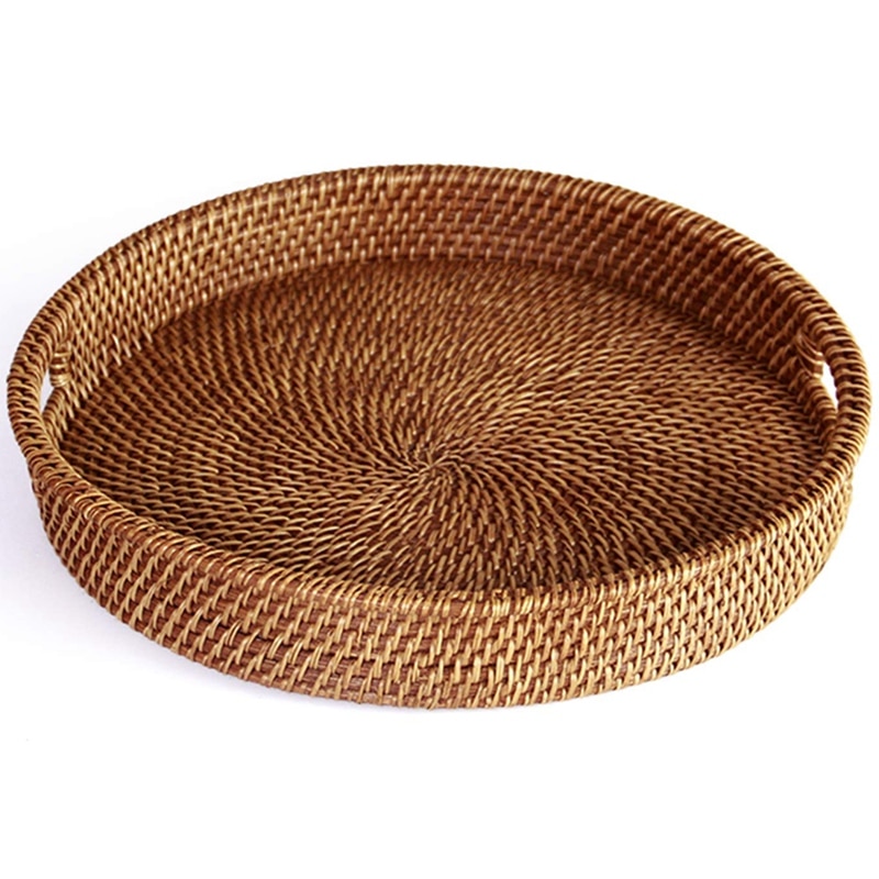Rottingbricka med handtag-handvävt multifunktionellt korgfack med slitstark rottingfiber (rund 13.5 tum diameter, naturlig)