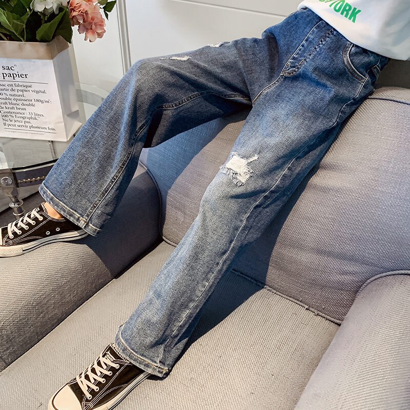 Teenage Girl Ripped Jeans With Holes Kids Casual Denim Trousers Teens Cotton Wide Leg Pants 4 5 6 7 8 9 10 11 12 13 14 Year
