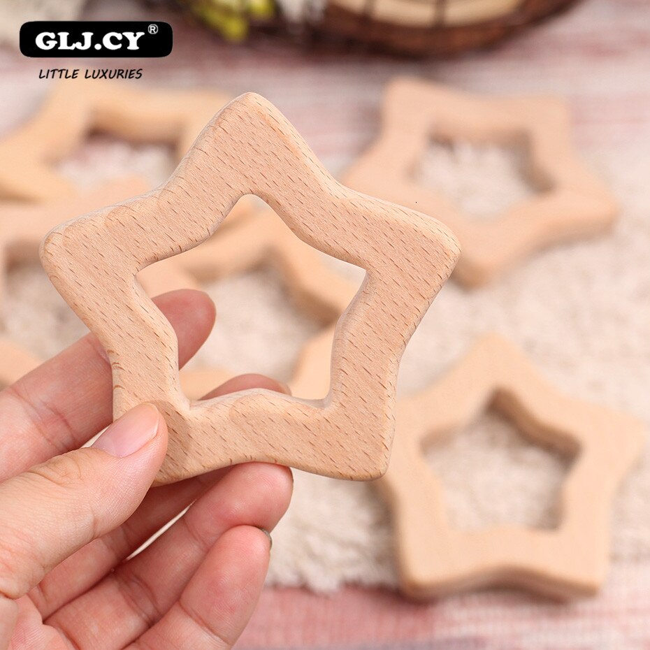 10 stücke Baby beißRing Handgemachte Buche Holz Sterne BeißRing Baby Zahnen Spielzeug DIY Handwerk Anhänger Kautable Schnuller Kette Zubehör