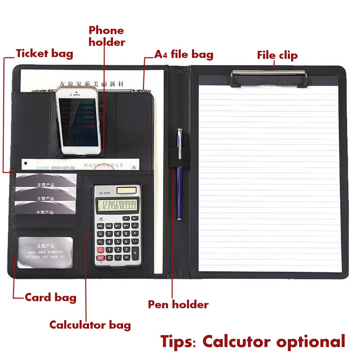 A4 PU Leather File Folder Job Executive Multifunction Office Organizer Planner Notebook School Office Folder for Documents