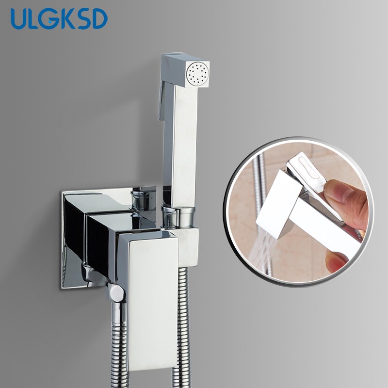 ULGKSD Bathroom Bidet Square Hand Shower Head Chrome Finish Solid Brass Cold Water Valve Tap Crane 360 Degree Switch