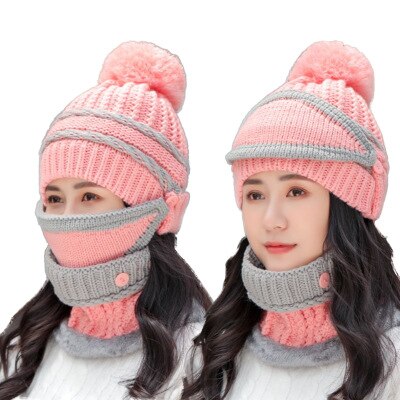 Bingyuanhaoxuan 3 in 1 varm tyk strikket beanie hat tørklæde og maske sæt slouchy sne strik cap uendelig tørklæde til kvinder: Lyserød
