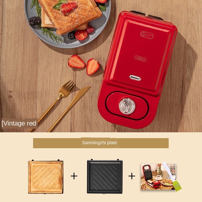Appareil de cuisson multifonction, 220V, appareil de cuisson pour sandwichs et pain, gaufrier et douin, grille-pain rouge: Red tim