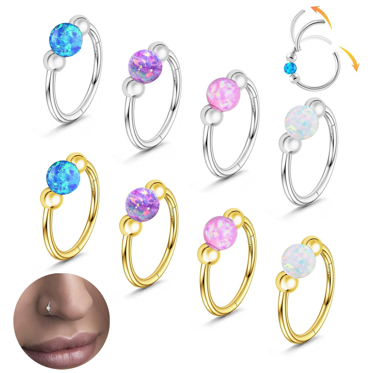 1 stk. 18g opalnæseringe til kvinder, 316l næseringe i kirurgisk stål, 8mm/10mm piercingsmykker, septumring og bruskørering
