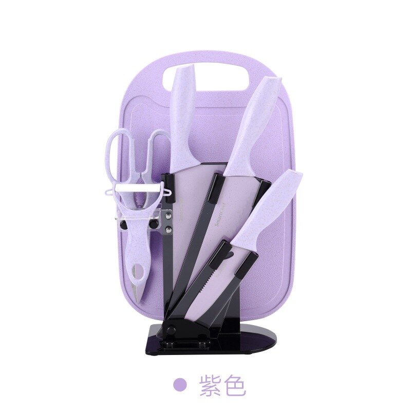Tarwe Stro Mes Set Rvs Zeven Stuk Mes Set Keramische Mes Keuken Set Mes Schaar Fruit mes Houder: Purple Black base