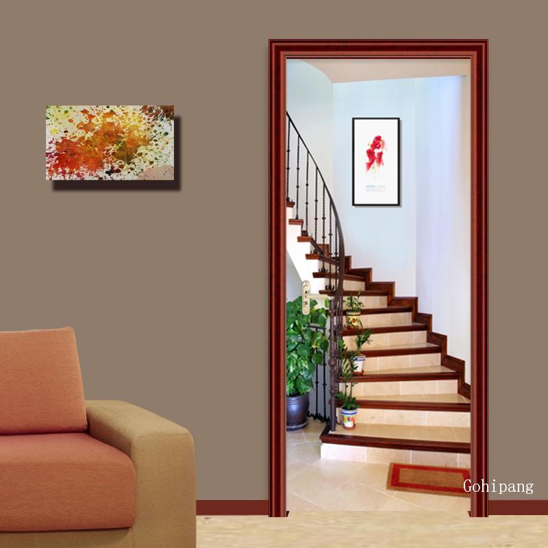 Modern Spatial Expansion Stairs 3D Wall Door Sticker Wallpaper Pvc Self-Adhesive Waterproof 3D Door Murals Home Decals