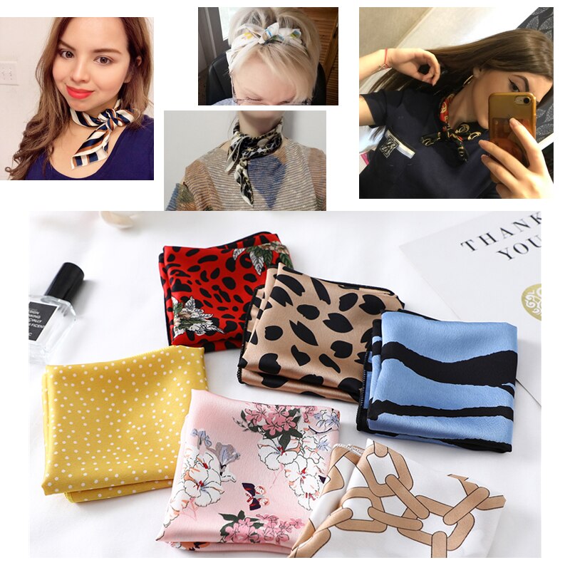 Women Small Satin Silk Scarf Square Print Wrap Foulard Femme Handkerchief Bandana Neck Hair Skinny Tie Scarves Shawls XC