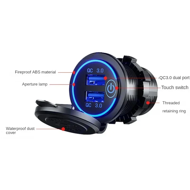 Quick Charge 3.0 Dual USB Fast Car Charger Socket accessori presa di corrente impermeabile 12V/24V QC3.0 con interruttore tattile e luce a Led