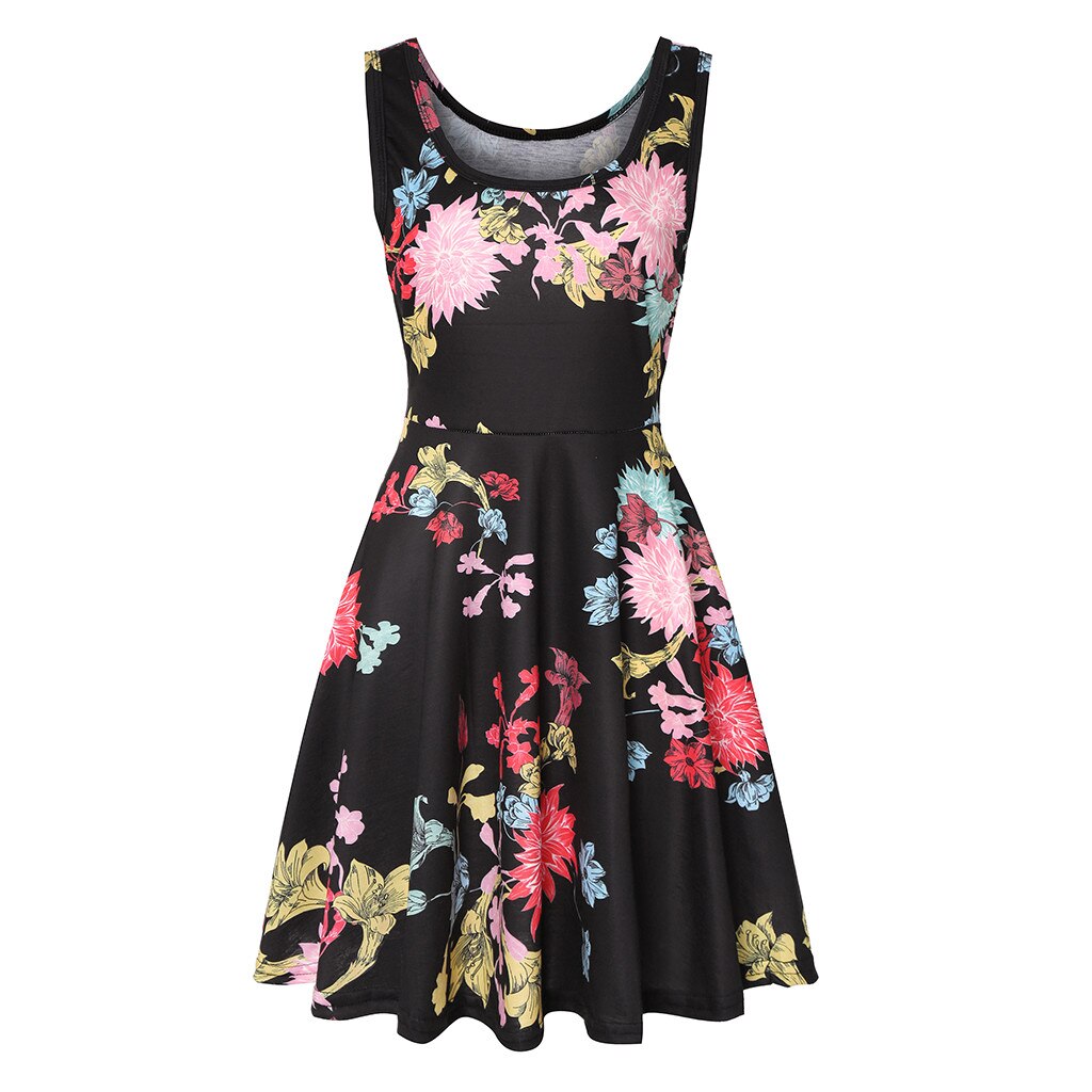 Vrouwen Mouwloze Bloemenprint Zomer Strand EEN Lijn Casual Dress Party Dress2019 vrouwen mode print jurk: Black / M