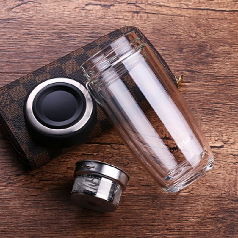 Oneisall 380 Ml Dubbele Water Fles Auto Gemonteerd Verbranden Proof Glazen Fles Rvs Filter Thee Tumbler Mannelijke