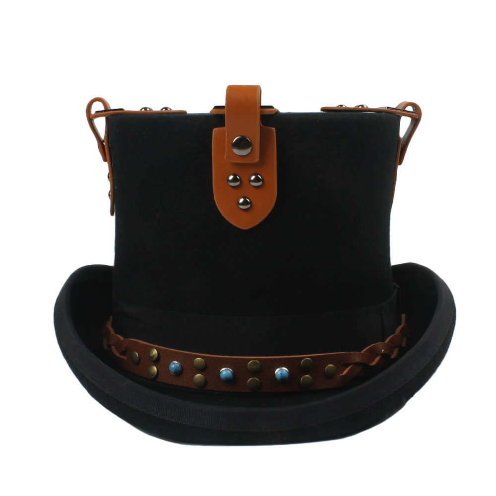 Black Steampunk Top Hat Voor Vrouwen Mannen Wol Stoom Punk Versnelling Hoed Millinery Fedora Bril Party Cosplay Cap Steampunk Hoed