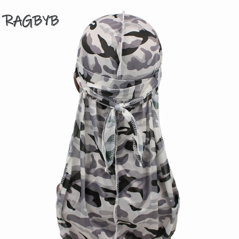Nuevas pañuelos Durag de seda con estampado de camuflaje para hombres, Durags sedosos, gorro ondulado de cola larga, pañuelo para la cabeza, sombrero para mujer, diadema Durag: Negro