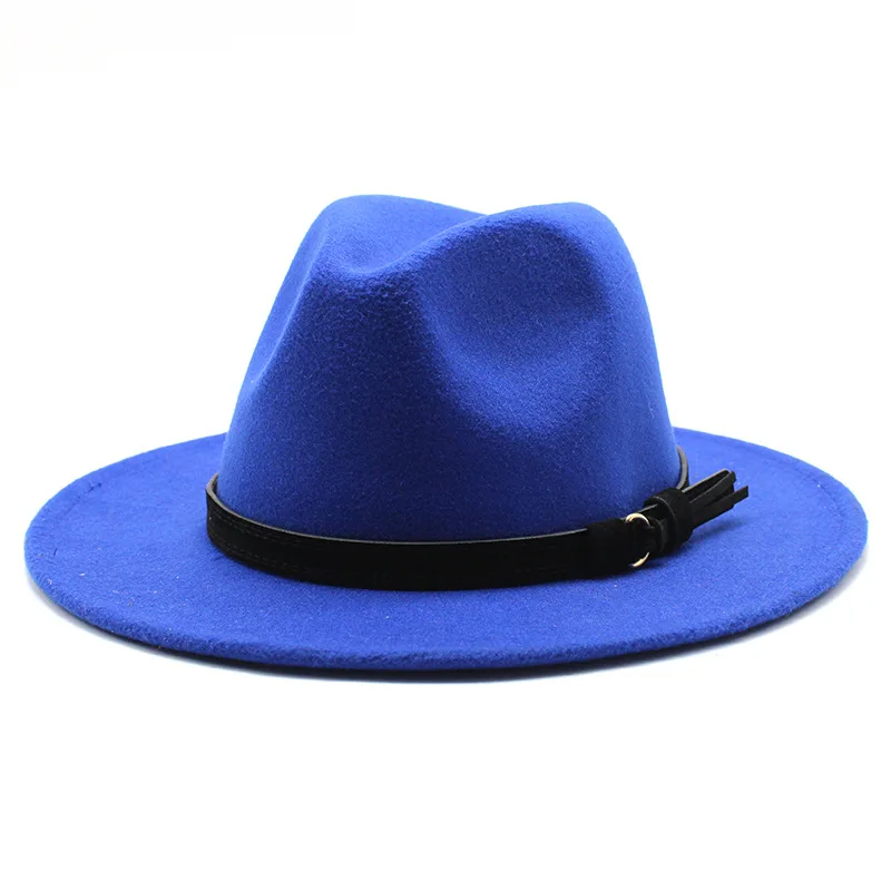 Sombrero Fedora de fieltro Gangster Trilby, gorras de Jazz de ala ancha europea americana, sombrero de boda blanco de lana para hombres y mujeres, 56-58-61CM: M / Azul