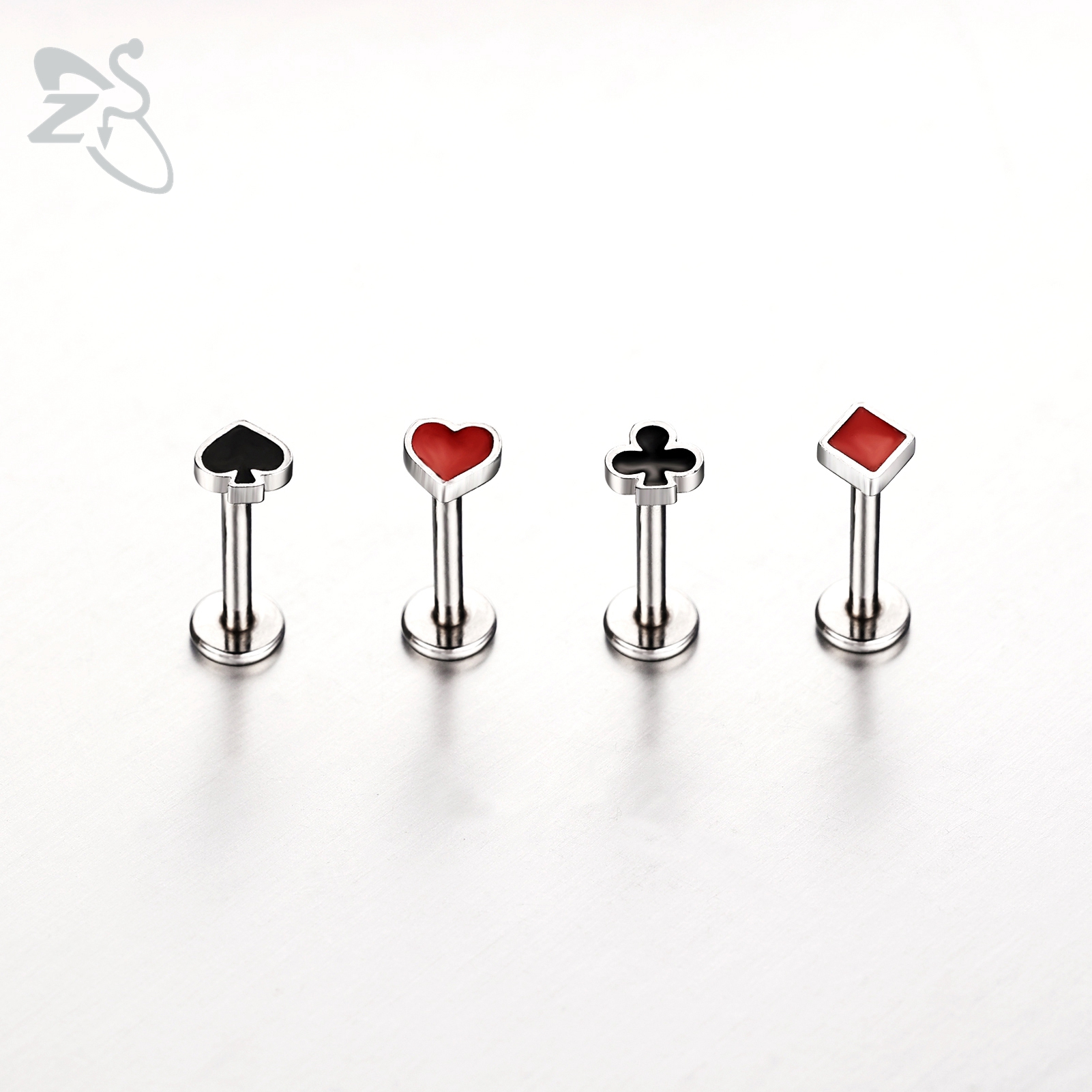 ZS 1 pieza 16G Acero inoxidable Labret labio Piercing pala corazón diamante forma de Club cartílago de la oreja Tragus hélice Piercings 6MM/8MM