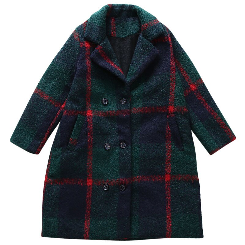 Klassisk teenage lang ullkåpe for jente grønn rutete jakke overfrakk barn pluss størrelse løs varm ullblanding lang vinter trenchcoat