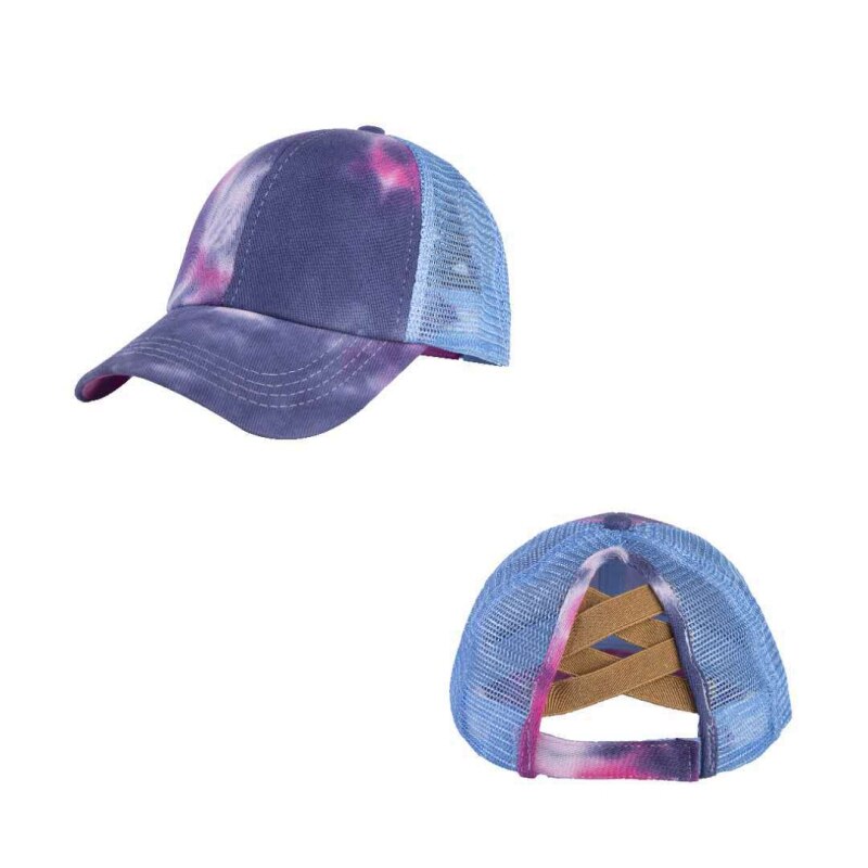 Ponytail Sport Cap Women Distressed Washed Cotton Trucker Caps Summer Snapback Hat Glitter Brim Satin Tie-dye Dad Hats: QL
