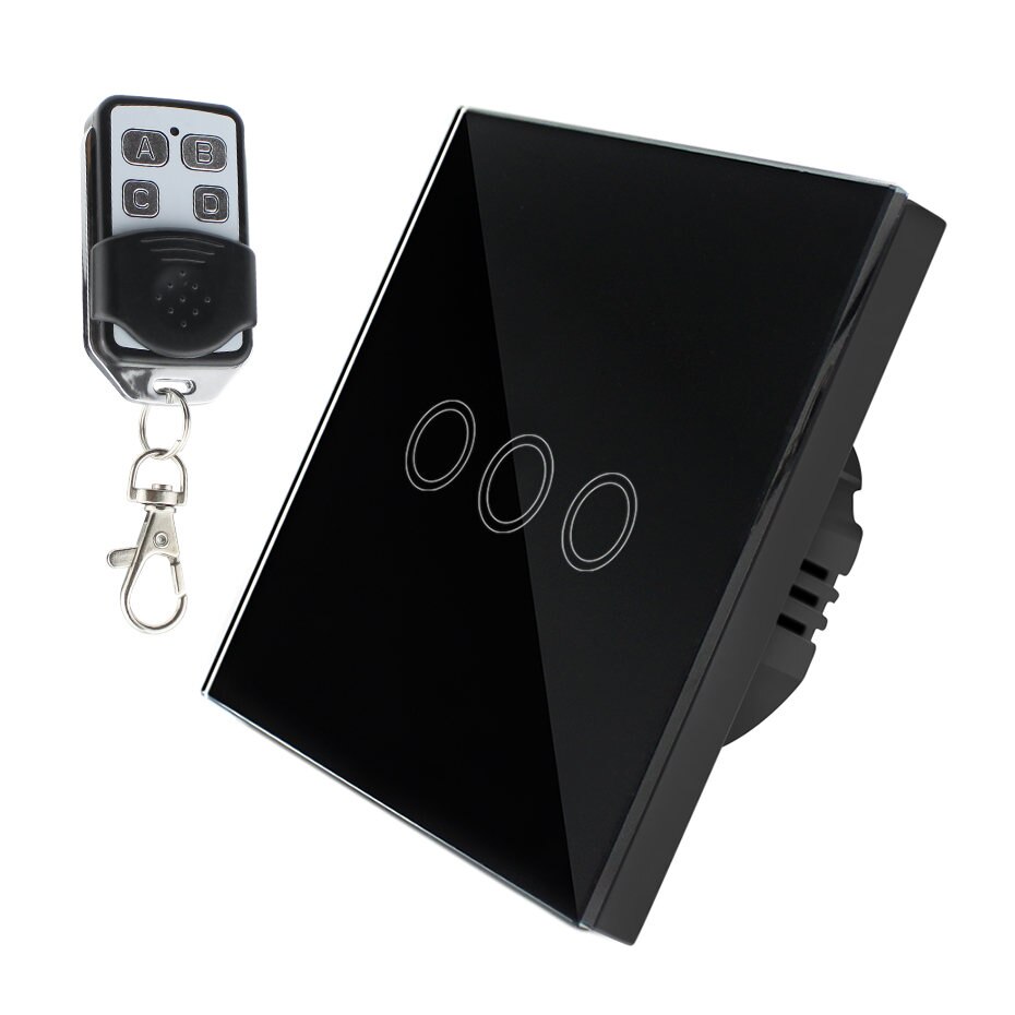 Interruptor táctil LED con 1/2/3 entradas, 220V, Sensor estándar para UE/RU, interruptor inalámbrico para lámpara de pared con Control remoto, Panel de vidrio templado de 433MHz: Black 3 gang Remote