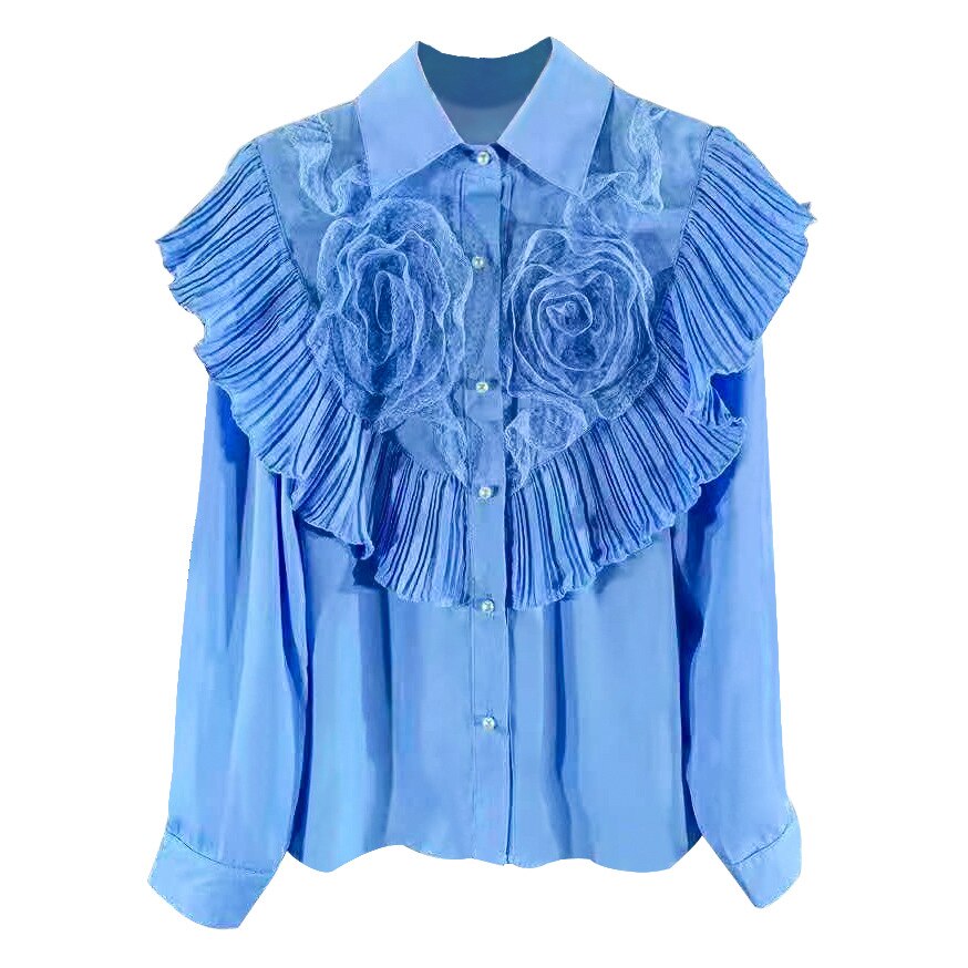 Superaen outono e inverno novo design apliques sólido turn down collar blusas femininas completas: blue