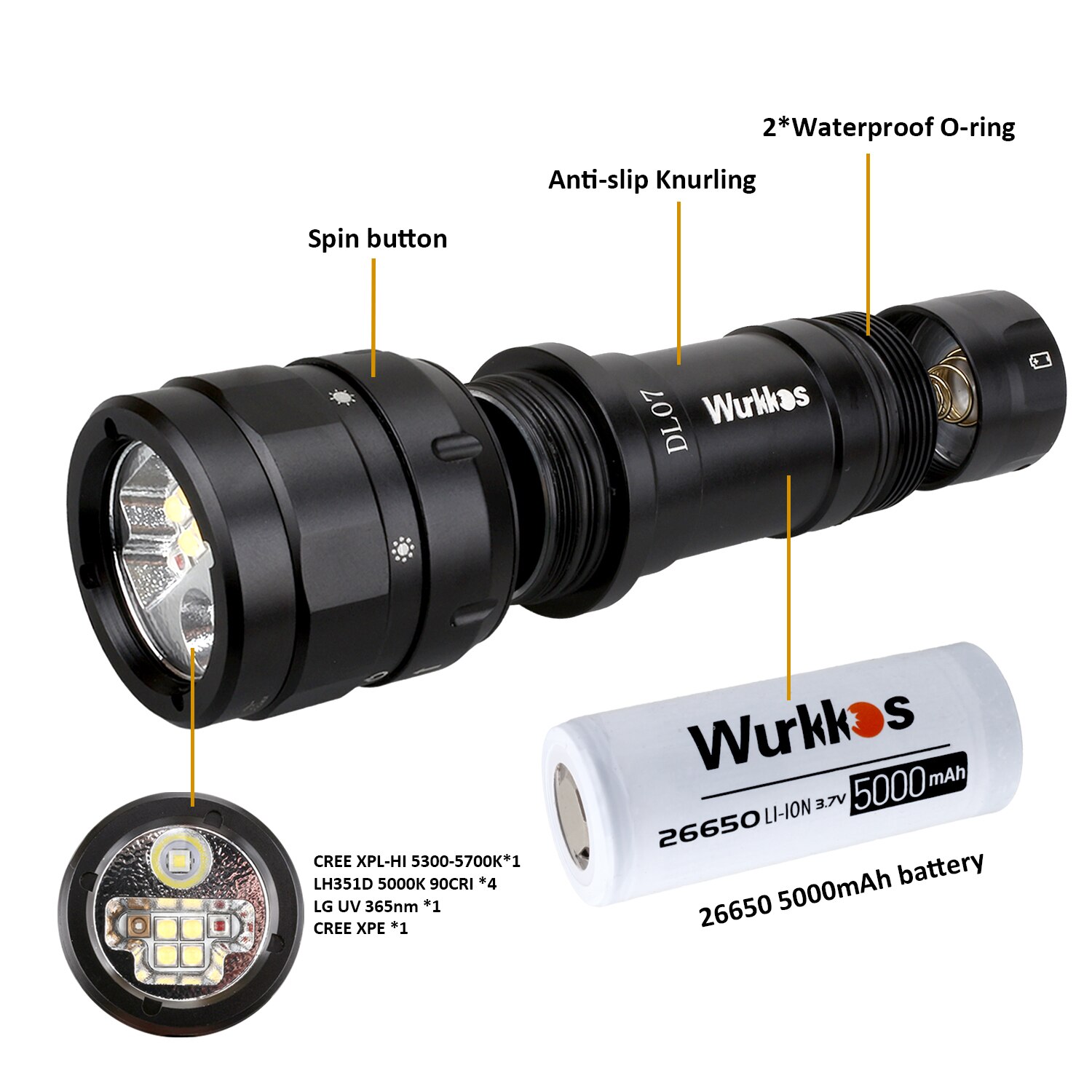 Wurkkos DL07 Duikzaklamp Meerkleurig LED Wit Rood Licht Oplaadbare draaischakelaar Waterdicht Krachtig 26650 Flood en Spot