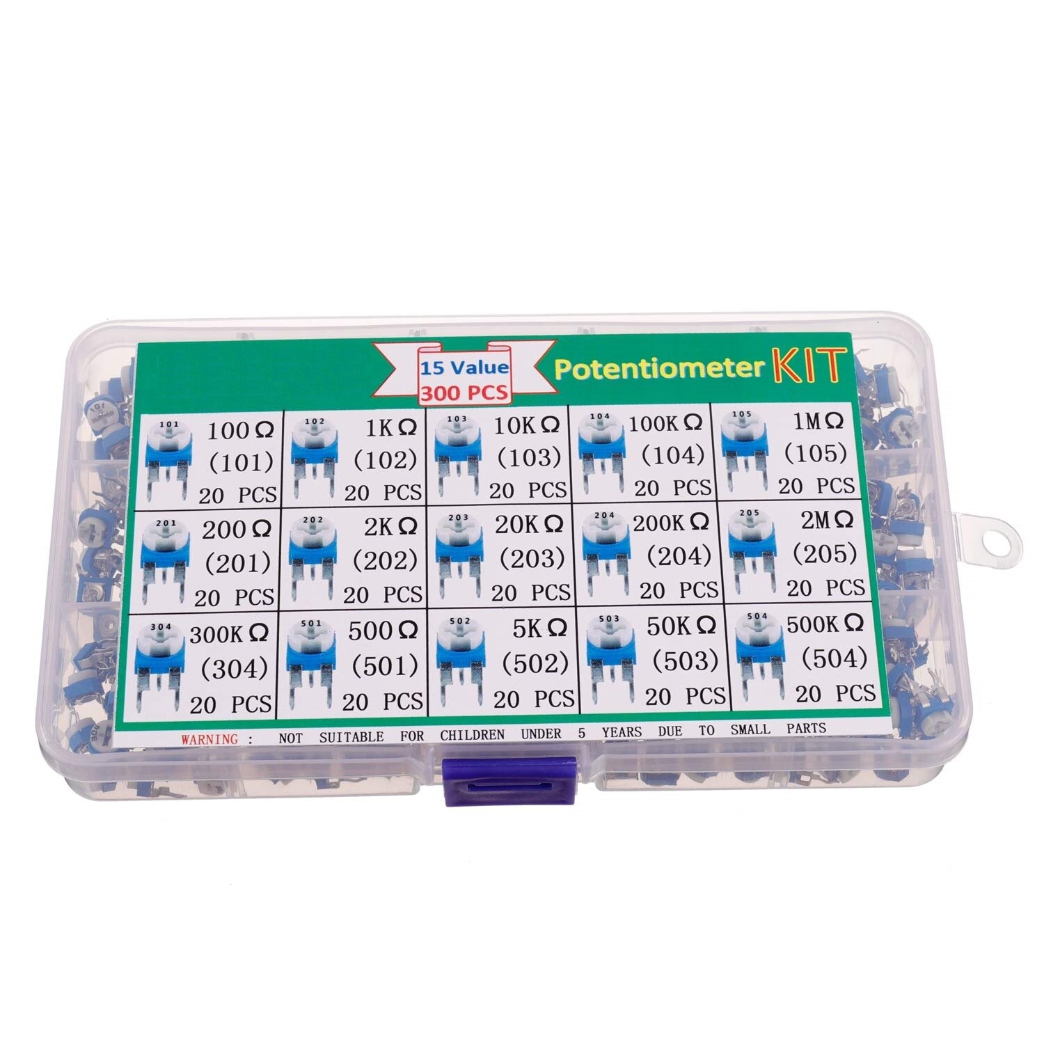 15 Values 300 pcs 100 Ohm- 2M Ohm Variable Resistor 6mm Potentiometer Assortment Kit packag in a Clear Plastic Box