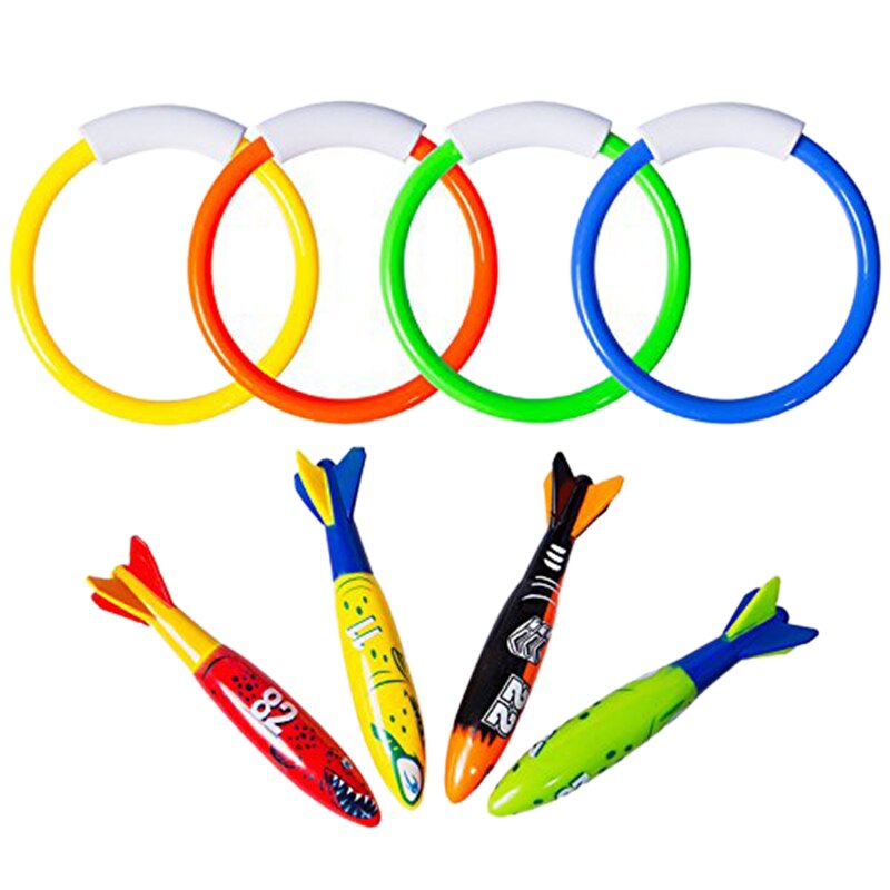 8 Pcs Underwater Swimming Pool Diving Rings, Diving Throw Tor pedo Bandits Toys For Kids Set. Training Dive Toys For Learn: Default Title