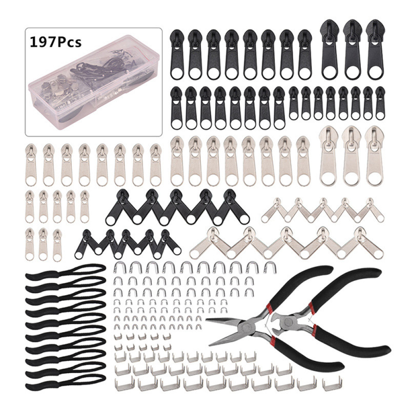 Kit de reparación de cremalleras de 197 piezas, herramienta auxiliar de repuesto + herramientas de instalación para bolsas, carpas, equipaje, saco de dormir, chaqueta: Default Title
