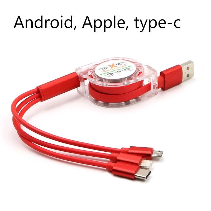 Intrekbare 3 In 1 Usb Charge Kabel Voor Iphone & Micro Usb & Usb C Kabel Draagbare 3A Snel Opladen kabel Voor Iphone Samsung: Red