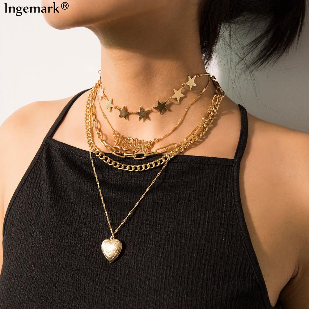 Gothic Punk Sweet Love Heart Choker Necklace Statement Steampunk Layered Star Gold Color Big Chunky Chain Necklace Women Jewelry