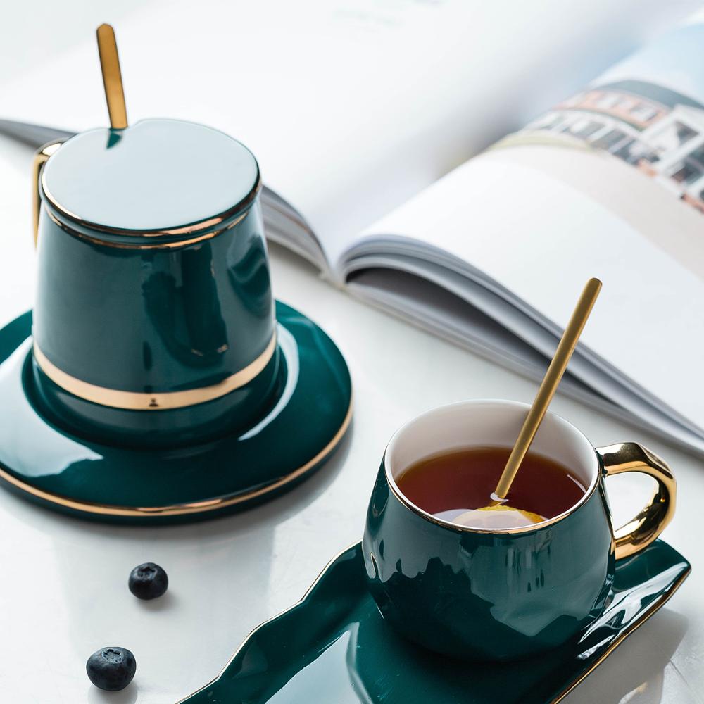 Juegos de tazas de café verde, con esterilla y cucharas, tapa de Taza de cerámica, juegos de cubiertos de leche para el desayuno, caja de para cumpleaños de San Valentín