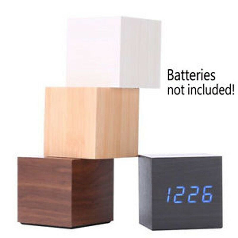 Digital LED Wood Wooden Cube Desk Clock Alarm Voice Control Thermometer Timer Calendar