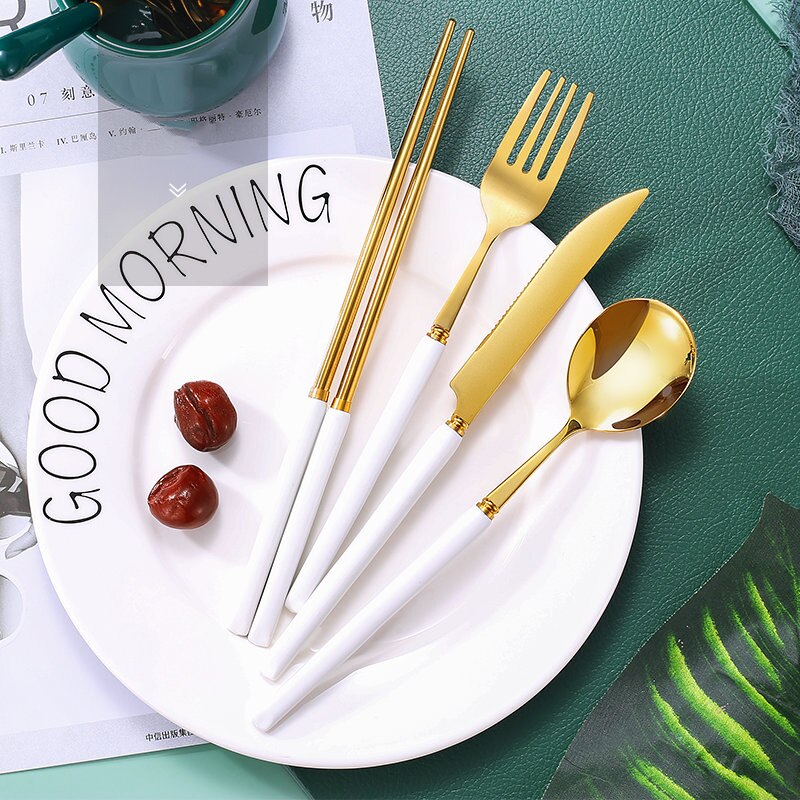 European-Style Ceramic Tableware Set Knife Fork Spoon Chopsticks 4-Piece Set 5 Colors Available Kitchen Supplies: white
