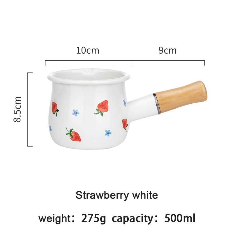 500ml Enamel Milk Pot With Wooden Handle Gas Stove Induction Cooke Baby Breakfast Milk Coffee Saucepan Cookware: Strawberry