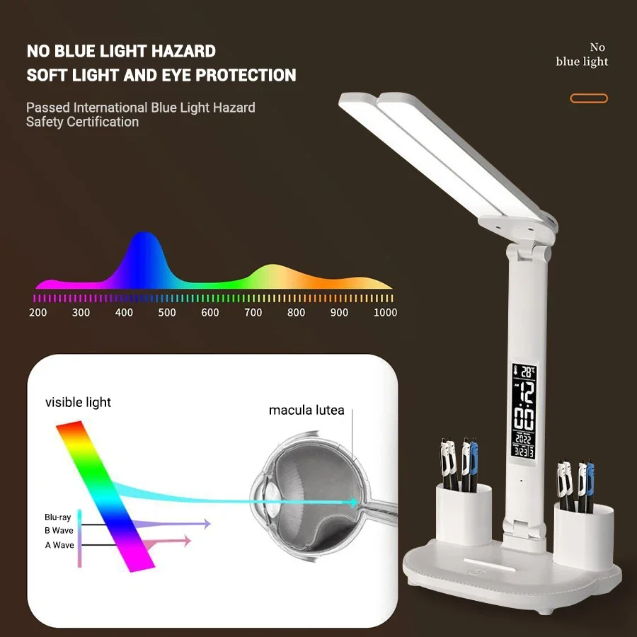 ledet-klokkebordlampe usb-ladbar dimbar skrivebordslampe 2 hoder 180 roterbar sammenleggbar øyebeskyttelse skrivebordslesenattlys