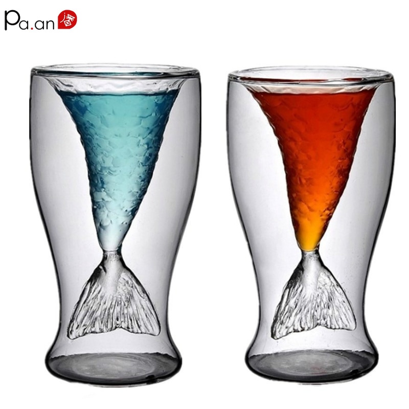 Mermaid Glass Wine Glasses Shot Glass 2 Layer Wine Cup Handmade Blowing Glass Crystal Double Wall Bullet Glass Cup