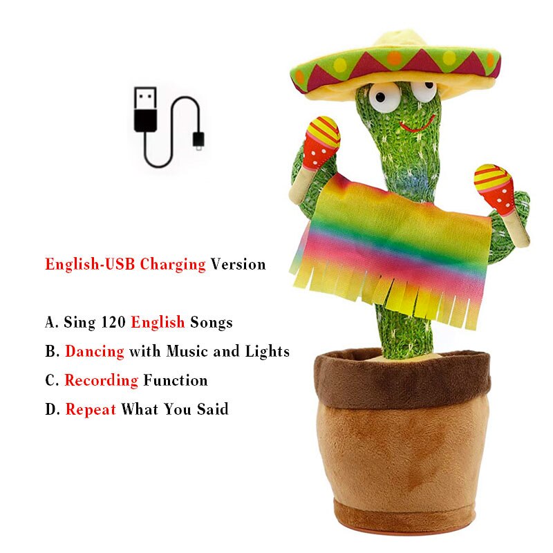 cactus dansant usb Rechargeable avec son en espagnol pour bébés, jouet Parlant russe: P English USB
