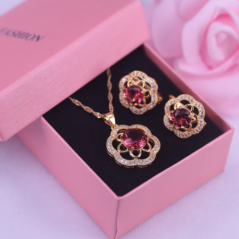 Risenj Rose 18K Gold Schmuck einstellen Ohrringe Halskette einstellen Für Frauen Viele Farben Mit oben Zirkon Schmuck-einstellen Braut schmuck: Rose rot