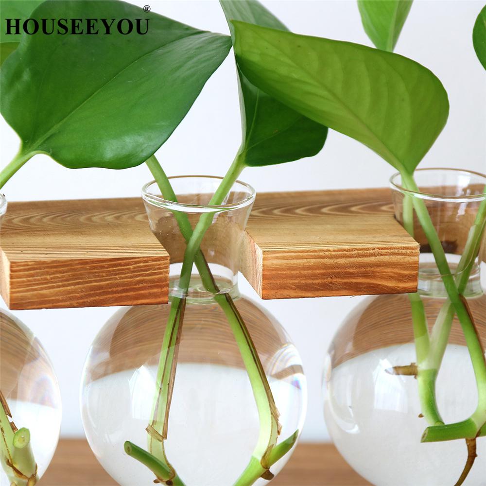 Terrarium glasflaska vas hydroponisk växt transparent blomkruka träram kafé rum dekor bord skrivbord dekoration vas