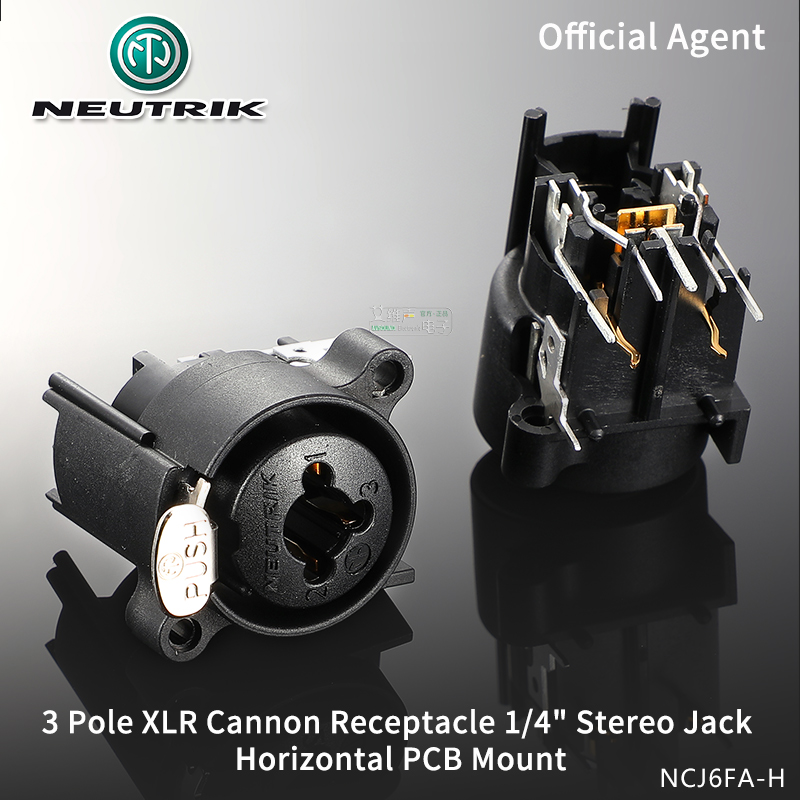 Neutrik 3 Pole XLR/Stereo Jack Hybrid Chassis Connector Combo Cannon Female Receptacle with 1/4" Audio Plug Horizontal PCB Mount: NCJ6FA-H