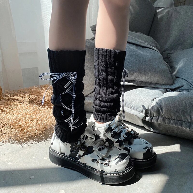 Scaldamuscoli autunnali da donna, calzini alti lavorati a maglia elasticizzati senza piede con fasciatura tinta unita per ragazze, bianco/nero