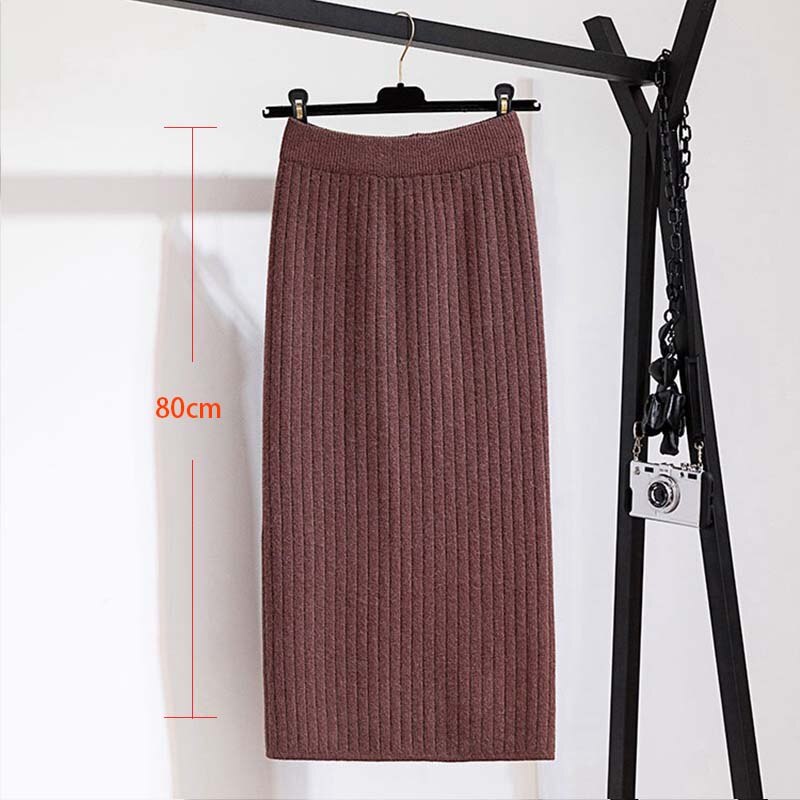 Faldas de mujer de banda elástica de 60-80CM, Falda recta de punto cálida de otoño e invierno, falda negra medio larga acanalada: 80cmcoffee