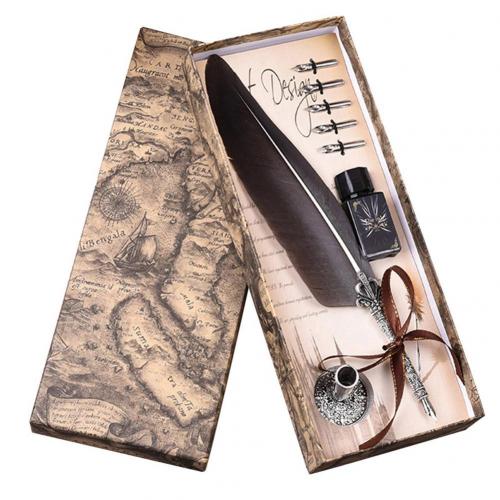 Luxe Vintage Veren Pen Retro Engels Kalligrafie Quill Dip Vulpen Met 5 Penpunten Briefpapier Kantoor Schoolbenodigdheden: Black