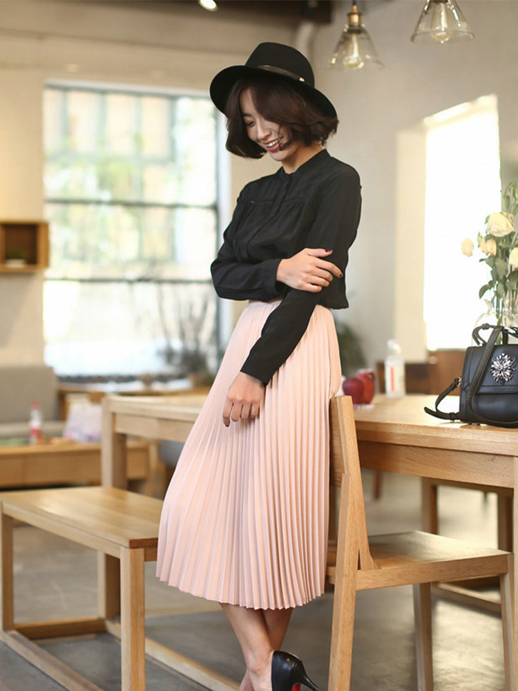 Spring and Autumn Women's High Waist Pleated Solid Color Half Length Elastic Skirt Promotions Lady Black Pink