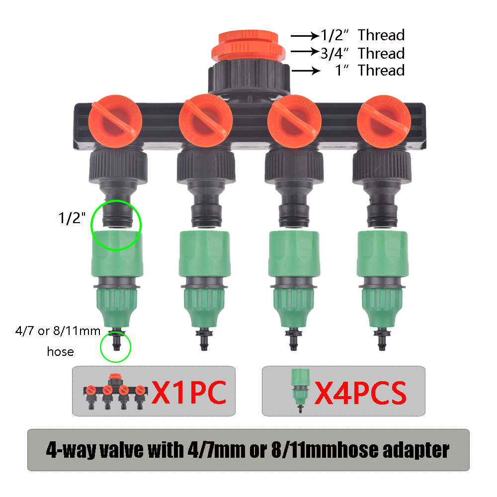 1/2'' 3/4'' 1'' Water Tap Splitter 4-Way Outlet Garden 4/7mm 8/11mm Watering Hose Adaptor Drip Irrigation for Greenhouse: YL-LJ-C