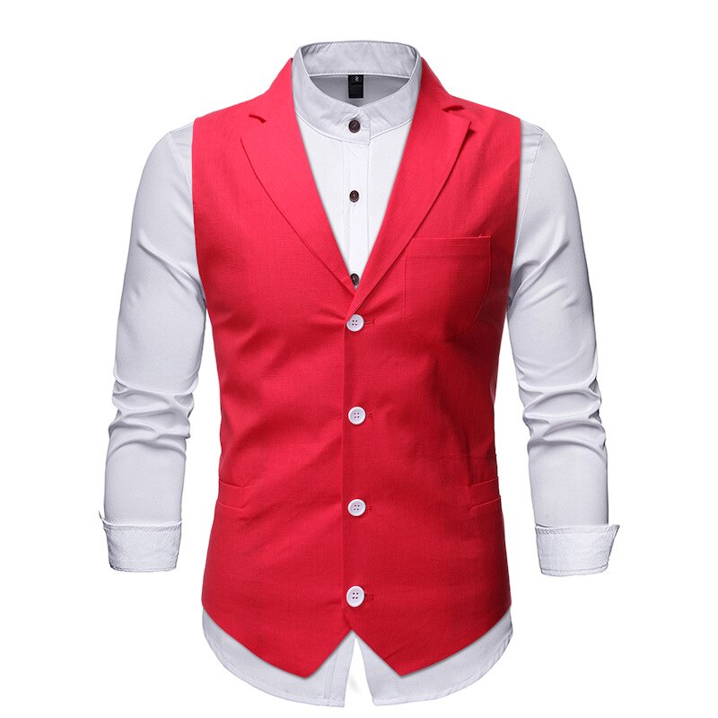 Solide Business Mannen Vest Bruiloft Smart Casual Vesten Voor Mannen Slim Gentleman Heren Dress Vesten Single Button Pocket gilet: Red / Xxl