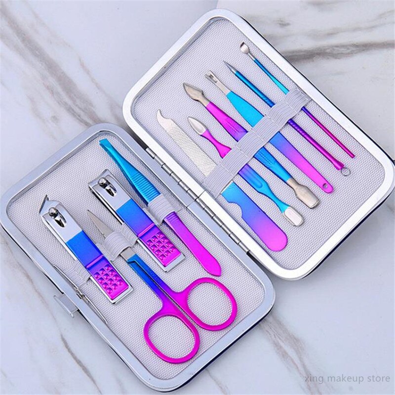 1 Set Rainbow Grandient Manicure Nail Kits Stainless Steel Nail Clippers Set Acne Needle Toenail Grooming Sets 30#: 10pcs